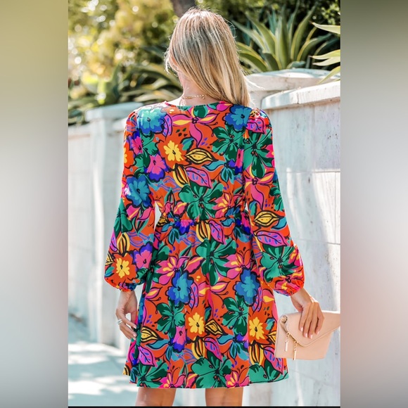 Cupshe Floral Print Peasant Sleeve Mini Dress Sz Medium Lightweight V Neck - Picture 2 of 9